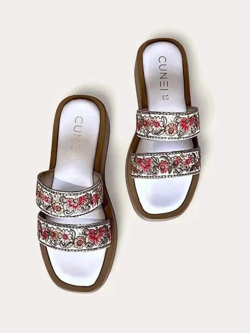 Two Strap Flowery Thread Work Embroidered Slider - cunei